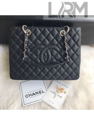 Chanel Grained Calfskin Grand Shopping Tote GST Bag Black/Silver