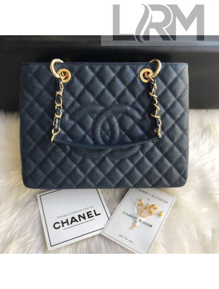 Chanel Grained Calfskin Grand Shopping Tote GST Bag Navy Blue/Gold