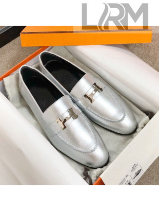 Hermes Paris Lambskin Flat Loafers Silver 2020