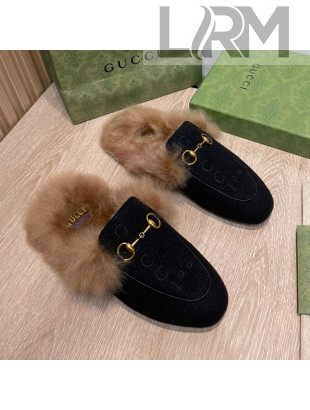 Gucci 100 Velvet Fur Slippers Black 2021 111624