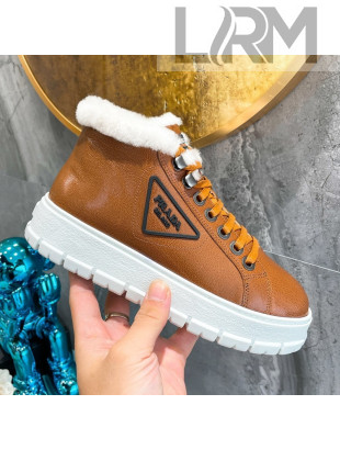 Prada Leather and Wool High-Top Sneakers Brown 2021 111857