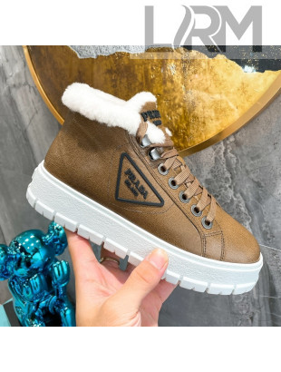 Prada Leather and Wool High-Top Sneakers Brown 2021 111860