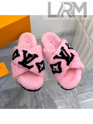 Louis Vuitton Cross Strap Shearling Slide Sandals Pink 2021 1117120