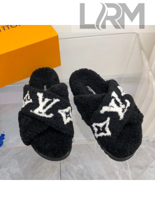 Louis Vuitton Cross Strap Shearling Slide Sandals Black 2021 1117121