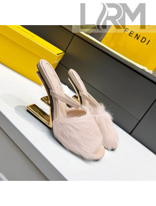 Fendi First Mink Fur F Heel Slide Sandals 8cm Pink 2021 