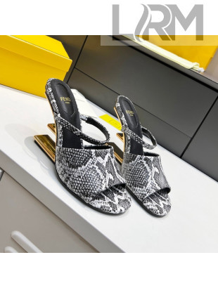 Fendi First Python-Like Leather F Heel Slide Sandals 8cm Grey 2021 