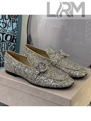 Jimmy Choo Sequins Crystal Buckle Loafers Silver 2021 112353