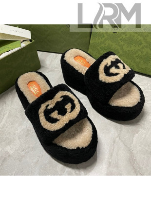 Gucci Wedge Shearling Slide Sandals with Interlocking G 12cm Black 2021