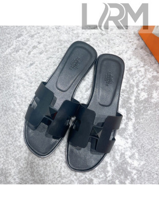 Hermes Oran One Stud H Flat Slide Sandals in Smooth Leather All Black 2021 