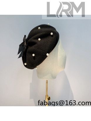 Chanel Pearl Bow Beret Hat Black 2021 122208