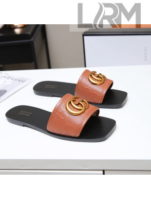Gucci GG Leather Slide Sandal with Double G Brown 2022 65