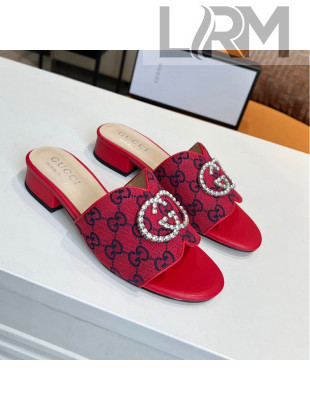 Gucci GG Canvas Slide Sandal with Crystal Double G Red 2022 61