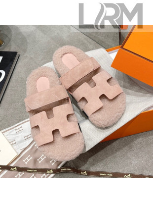 Hermes Chypre Shearling and Suede Flat Sandals Light Pink 2021