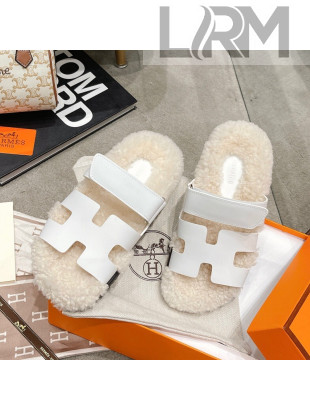 Hermes Chypre Shearling and Nappa Leather Flat Sandals White 2021