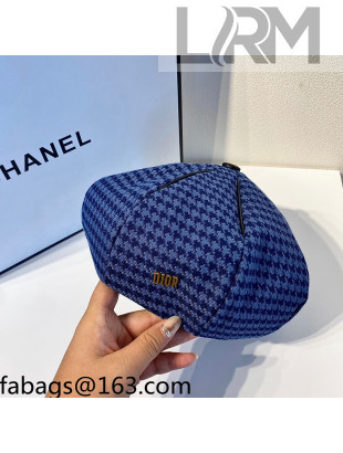 Dior Houndstooth Fabric Beret Hat Navy Blue 2021