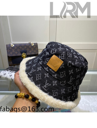 Louis Vuitton Monogram Denim and Shearling Bucket Hat Black 2021