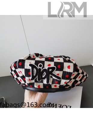 Dior D-Chess Heart Beret Hat Black/White/Red 2021
