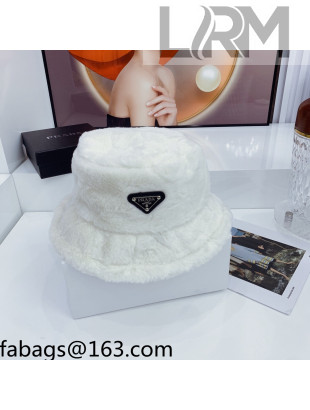 Prada Rubbit Fur Logo Bucket Hat White 2021