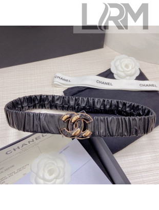 Chanel Pleated Lambskin Belt 3cm with CC Buckle AA7696 Black/Gold 2021