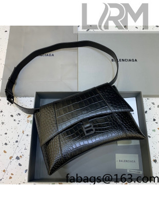 Balenciaga Hourglass Sling Back Maxi Bag in Crocodile Embossed Leather All Black 2021  