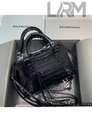 Balenciaga Neo Classic Mini Bag in Shiny Crocodile Embossed Leather All Black 2021 638512