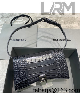 Balenciaga Hourglass Sling Shoulder Bag in Shiny Crocodile Embossed Calfskin Dark Blue 2021