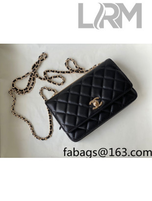 Chanel Lambskin Wallet on Chain WOC with Metallic Band AP2433 Black 2021 