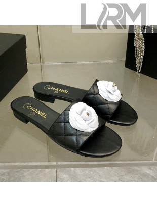 Chanel Quilted Lambskin Slide Sandals 2.5cm with Bloom Charm Black 01 2022