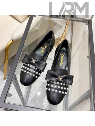 Chanel Lambskin Loafers with Pearl and Bow Black 2022 48