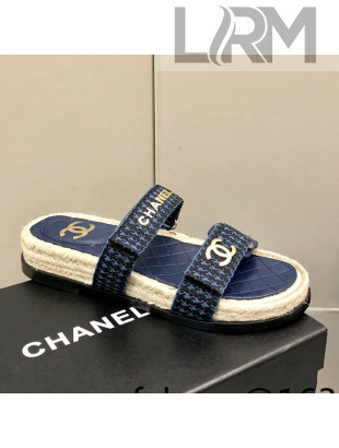 Chanel Houndstooth Slide Sandals Navy Blue 2022 25