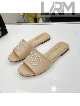 Chanel Pearly CC Leather Flat Slide Sandals Beige 2022