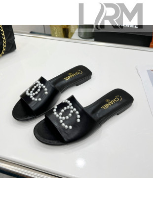 Chanel Pearly CC Leather Flat Slide Sandals Black 2022