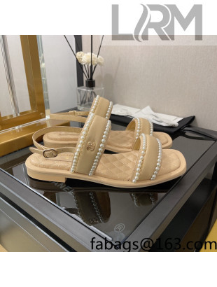 Chanel Lambskin Pearl Flat Sandals G38423 Beige 2022 