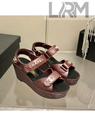 Chanel Leather Wedge Sandals Burgundy 2022 20