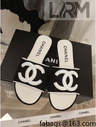 Chanel Tweed Flat Slide Sandals Black/White 2022 030511