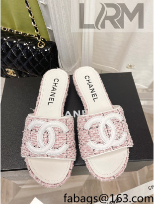 Chanel Tweed Flat Slide Sandals Pink 2022 030513