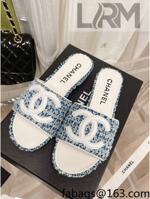 Chanel Tweed Flat Slide Sandals Blue 2022 030514