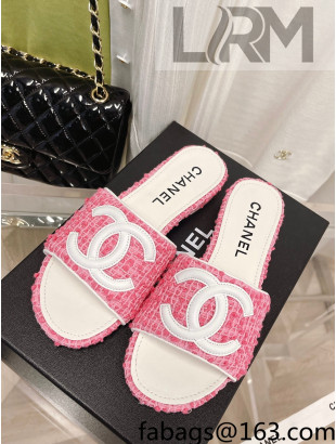 Chanel Tweed Flat Slide Sandals Pink 2022 030515