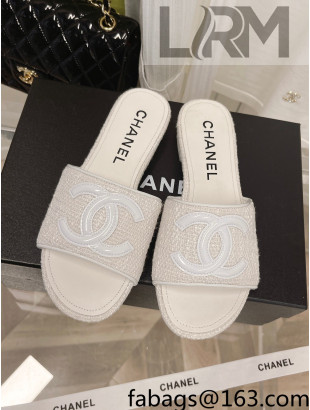 Chanel Tweed Flat Slide Sandals White 2022 030516