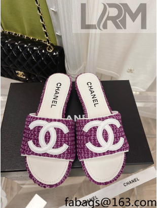 Chanel Tweed Flat Slide Sandals Purple 2022 030517