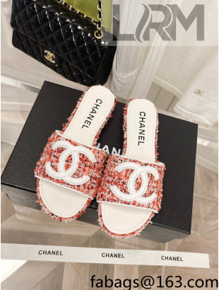 Chanel Tweed Flat Slide Sandals Orange 2022 030520