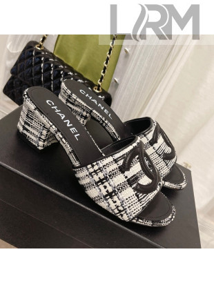 Chanel Tweed Medium Heel Slide Sandals 4.5cm Black/White 2022 030525