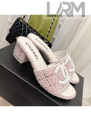 Chanel Tweed Medium Heel Slide Sandals 4.5cm Pink/White 2022 030527