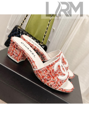 Chanel Tweed Medium Heel Slide Sandals 4.5cm Orange 2022 030529