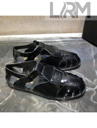 Chanel Shiny Leather Roman Flat Sandals Black 2022 07
