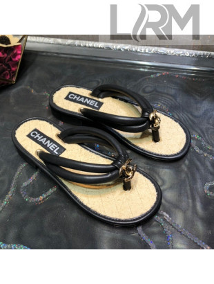 Chanel Leather Thong Flat Sandals Black 2022 01