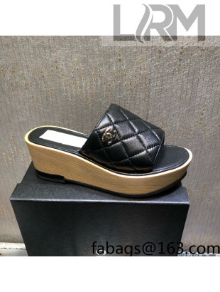 Chanel Lambskin Wedge Slide Sandals 6.5cm Black 2022 04