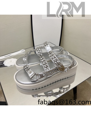 Chanel Leather Chain Sandals G33800 Silver 2022 04