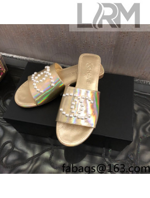 Chanel Iridescent Calfskin Pearl CC Flat Slide Sandals Gold 2022 032207