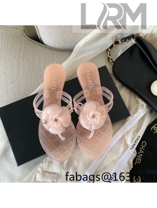 Chanel Transparent Flat Thong Sandals with Camellia Pink 2021